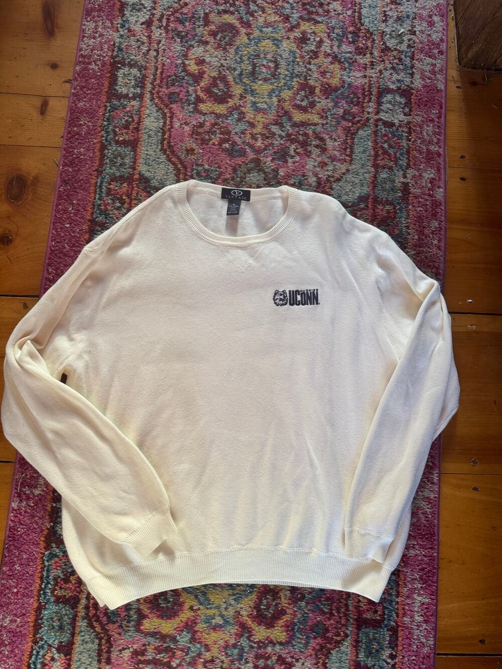 Vintage UConn | 100% Cotton Embroidered Cream Heavy Knit Crew Neck Sweater | XL